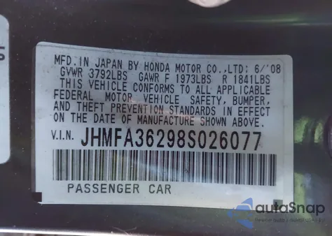 2008 Honda Civic Hybrid from USA, damaged, VIN JHMFA36298S026077